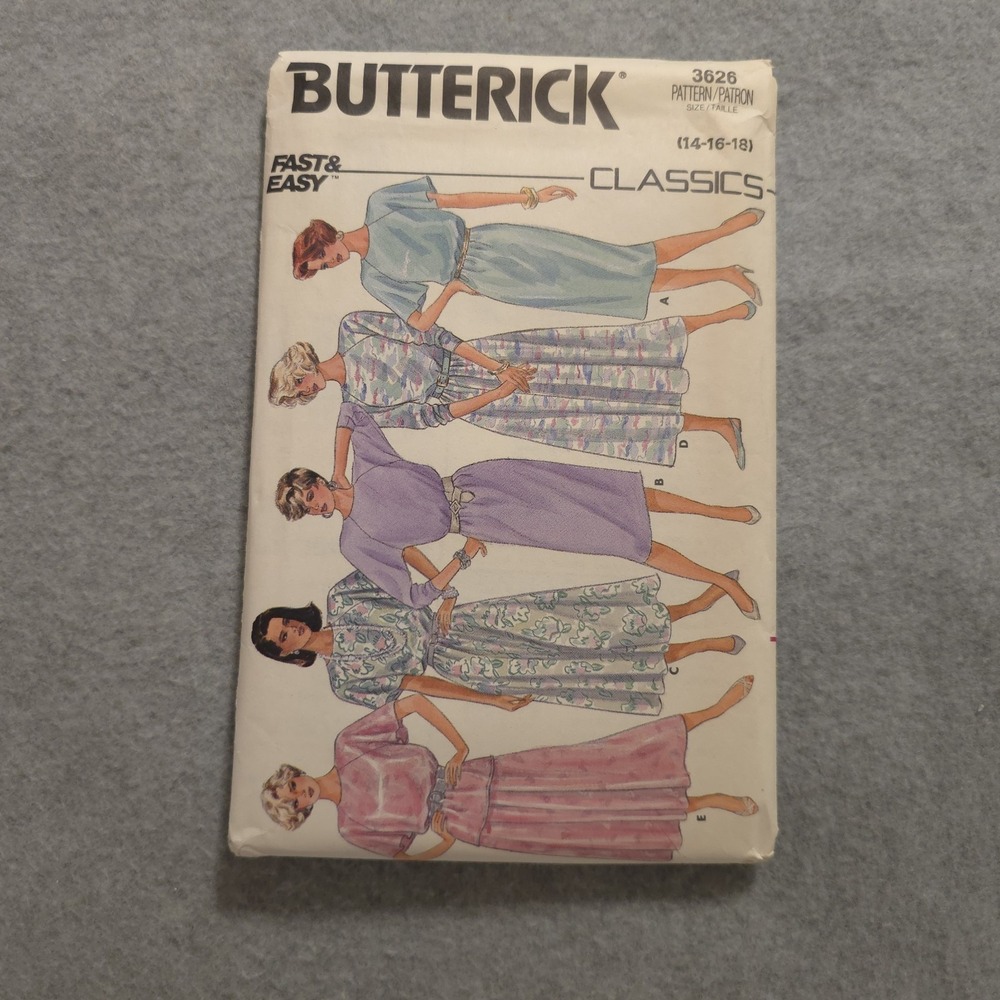 Butterick 3626 Sewing Pattern Women's Dress Size 14 16 18 Fast & Easy Classics